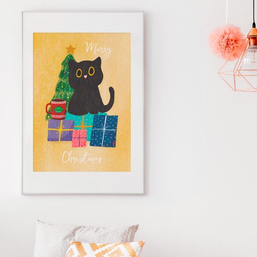 オレンジ色のクリスマス かわいい猫 コーヒー ウォールアート