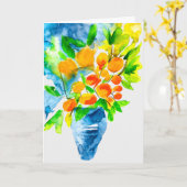 オレンジ色のクンクアットフルーツアートの水色 カード (黄色い花)