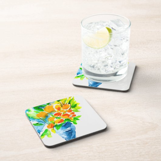 オレンジ色のクンクアットフルーツアートの水色 コースター (右側)