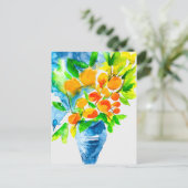 オレンジ色のクンクアットフルーツアートの水色 ポストカード (スタンド正面)