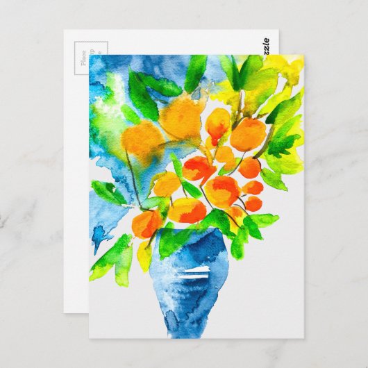 オレンジ色のクンクアットフルーツアートの水色 ポストカード (正面/裏面)