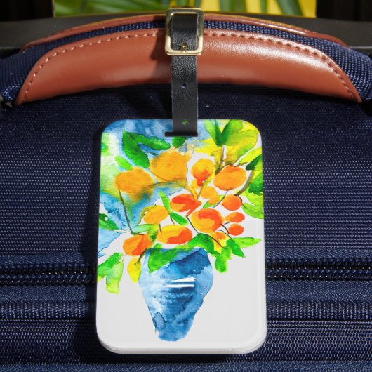 オレンジ色のクンクアットフルーツアートの水色 ラゲッジタグ (正面インサイチュ2)