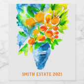 オレンジ色のクンクアットフルーツアートの水色 ワインラベル (シングルラベル)