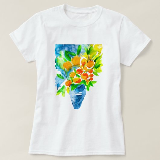 オレンジ色のクンクアットフルーツアートの水色 Tシャツ (デザイン正面)