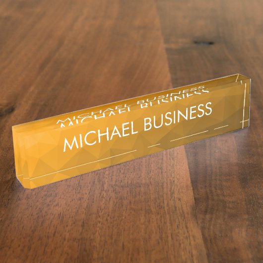 オレンジ色のグラデーションジオメトリメッシュパターンモノグラム デスクネームプレート (側面)