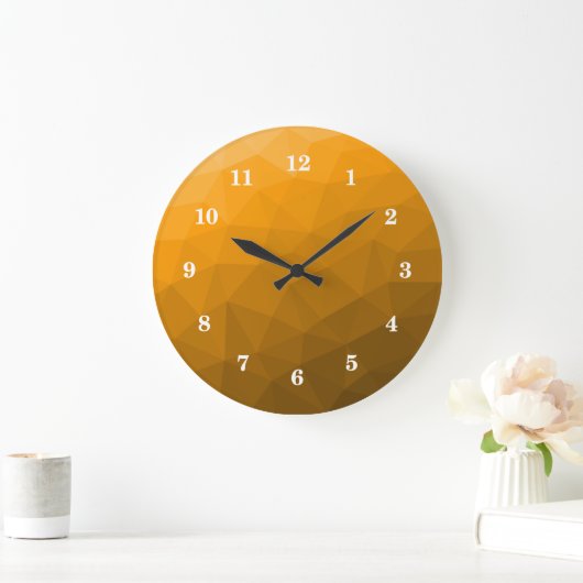 オレンジ色のグラデーションジオメトリメッシュパターン ラージ壁時計 (ホーム)