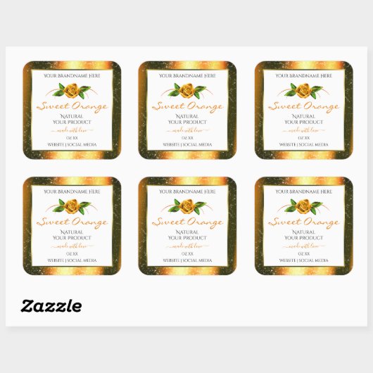 オレンジ色のグリッター白い製品ラベルバラ花 スクエアシール (シート)