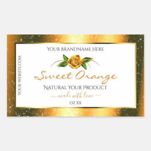 オレンジ色のグリッター白い製品ラベルバラ花 長方形シール (正面)
