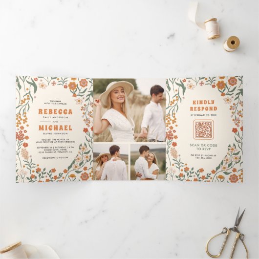 オレンジ色のグルービーワイルドフラワー結婚を1つの 三つ折り招待状 (内部)