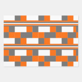 オレンジ色のグレーの白チェックストライプ幾何学的パターン ラッピングペーパーシート (正面2)