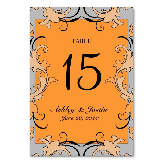 オレンジ色のグレーの黒い結婚渦のテーブル番号カード テーブルナンバー (正面)
