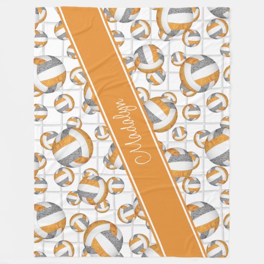 オレンジ色のグレーガーリーのバレーボール模様ネットアクセント フリースブランケット (正面)