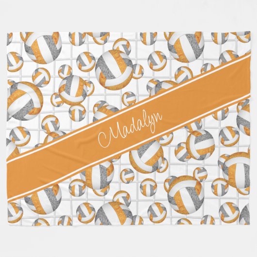 オレンジ色のグレーガーリーのバレーボール模様ネットアクセント フリースブランケット (正面(横))