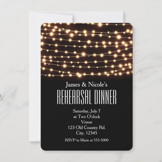 オレンジ色のグローストリングライトリハーサルディナーカード 招待状 (正面)