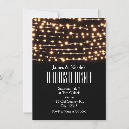 オレンジ色のグローストリングライトリハーサルディナーカード 招待状 (正面)