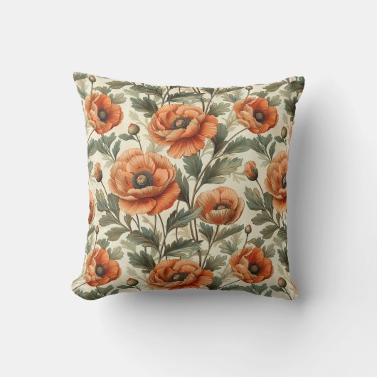 オレンジ色のケシの植物花が繰り返し クッション (正面)