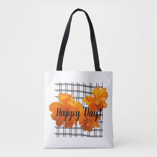 オレンジ色のコスモスの花と黒のグリッド(白) トートバッグ (正面)