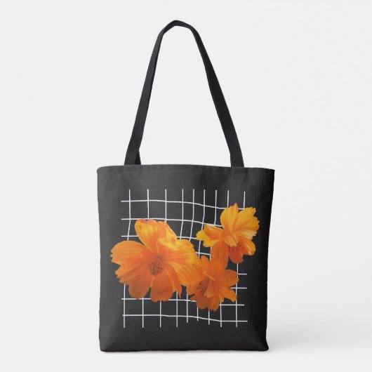 オレンジ色のコスモスの花を白いグリッドに黒 トートバッグ (裏面)