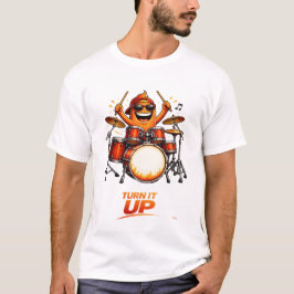 オレンジ色のコミカルドラマーキャラクター音楽イラスト Tシャツ