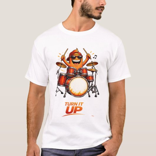 オレンジ色のコミカルドラマーキャラクター音楽イラスト Tシャツ (正面)