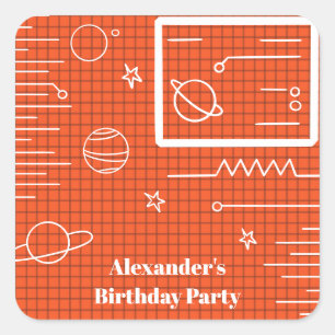 オレンジ色のコンピュータスクリーン宇宙船の惑星と星 スクエアシール