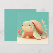 オレンジ色のサンゴと可愛い3D粘土のウミガメのポストカード (正面/裏面)