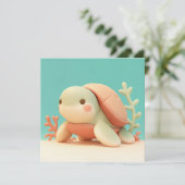 オレンジ色のサンゴと可愛い3D粘土のウミガメのポストカード (スタンド正面)