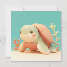 オレンジ色のサンゴと可愛い3D粘土のウミガメのポストカード