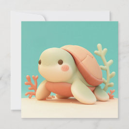 オレンジ色のサンゴと可愛い3D粘土のウミガメのポストカード
