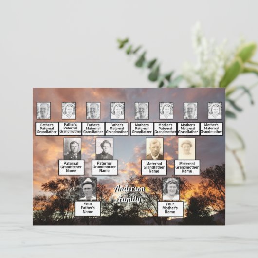 オレンジ色のサンセを使用した3世代フォトツリーライン 招待状 (スタンド正面)