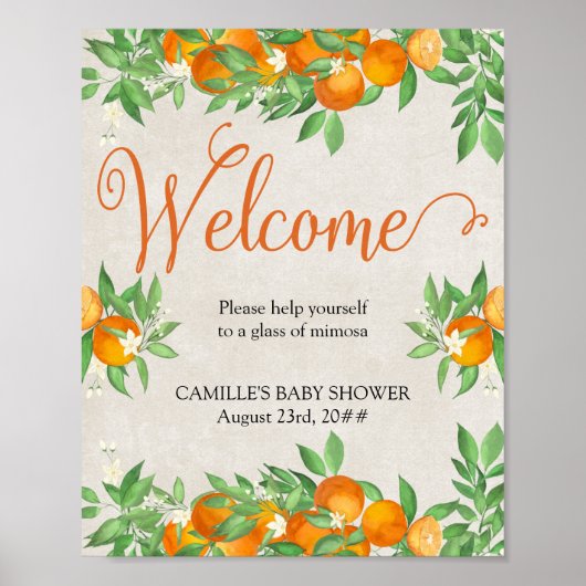 オレンジ色のシトラス ミモザ テーブル サインへようこそ ポスター (正面)
