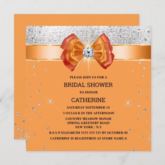 オレンジ色のシルバーグリッターエレガント弓シックな輝き 招待状 (正面/裏面)