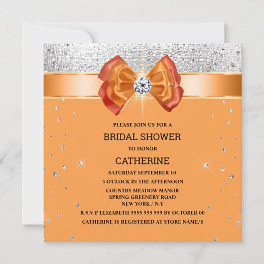 オレンジ色のシルバーグリッターエレガント弓シックな輝き 招待状 (正面)