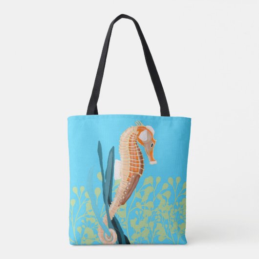 オレンジ色のシーホースをターコイズ背景に トートバッグ (裏面)
