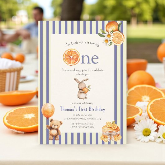 オレンジ色のスイートバニー坊やのファーストバースデー 招待状
