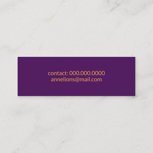 オレンジ色のスクリプト名を持つ紫の名刺 スキニー名刺 (裏面)