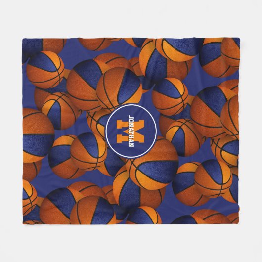 オレンジ色のスクールチームのチームカラーバスケットのパターン フリースブランケット (正面(横))