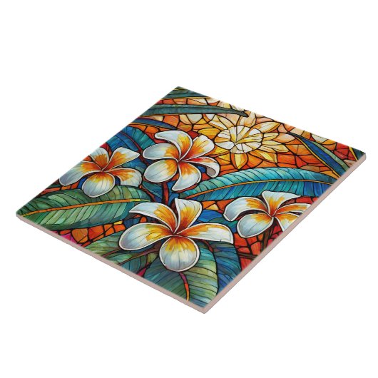 オレンジ色のステンドグラススタイルプルメリア タイル (側面)