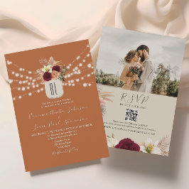 オレンジ色のストリングライトフラワーの結婚式QRコード 招待状