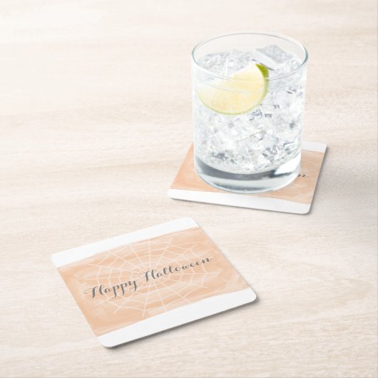 オレンジ色のスパイダーウェブハロウィーン スクエアペーパーコースター (インサイチュ)