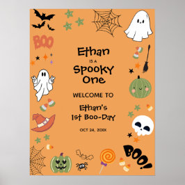 オレンジ色のスプーキーな1歳のハロウィン1歳の誕生日ウェルカム ポスター