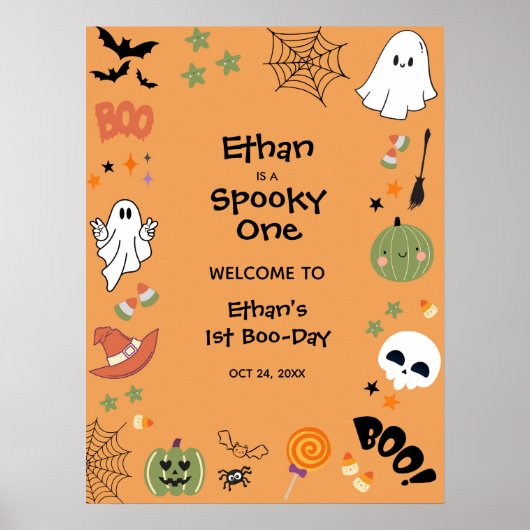 オレンジ色のスプーキーな１歳のハロウィン１歳の誕生日ウェルカム ポスター (正面)