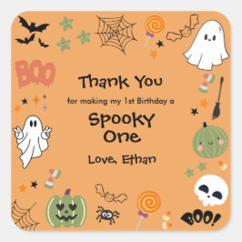 オレンジ色のスプーキーな1歳のハロウィン 誕生日 スクエアシール
