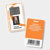 オレンジ色のスワール従業員名、写真、タイトル、バーコード バッジ (表裏)