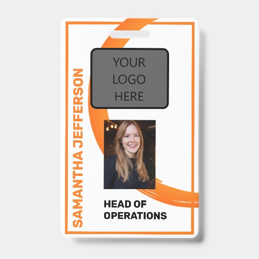 オレンジ色のスワール従業員名、写真、タイトル、バーコード バッジ (表面)