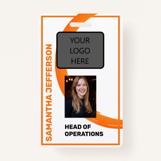 オレンジ色のスワール従業員名、写真、タイトル、バーコード バッジ (正面)