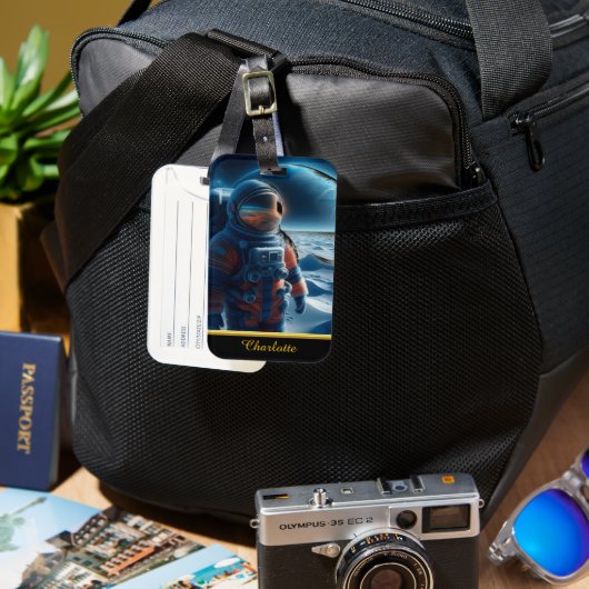 オレンジ色のスーツ鮮やかを着た宇宙飛行士 ラゲッジタグ (正面&裏面)