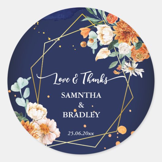 オレンジ色のセージの花ネイビー感謝していブ・ブルー ラウンドシール (正面)