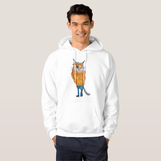 オレンジ色のセーターとブルーを着たメガネのかわいい猫 パーカ (正面フル)