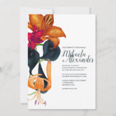 オレンジ色のタイガーリリー ネイビーブルー マゼンタ 秋の結婚式 招待状 (正面)